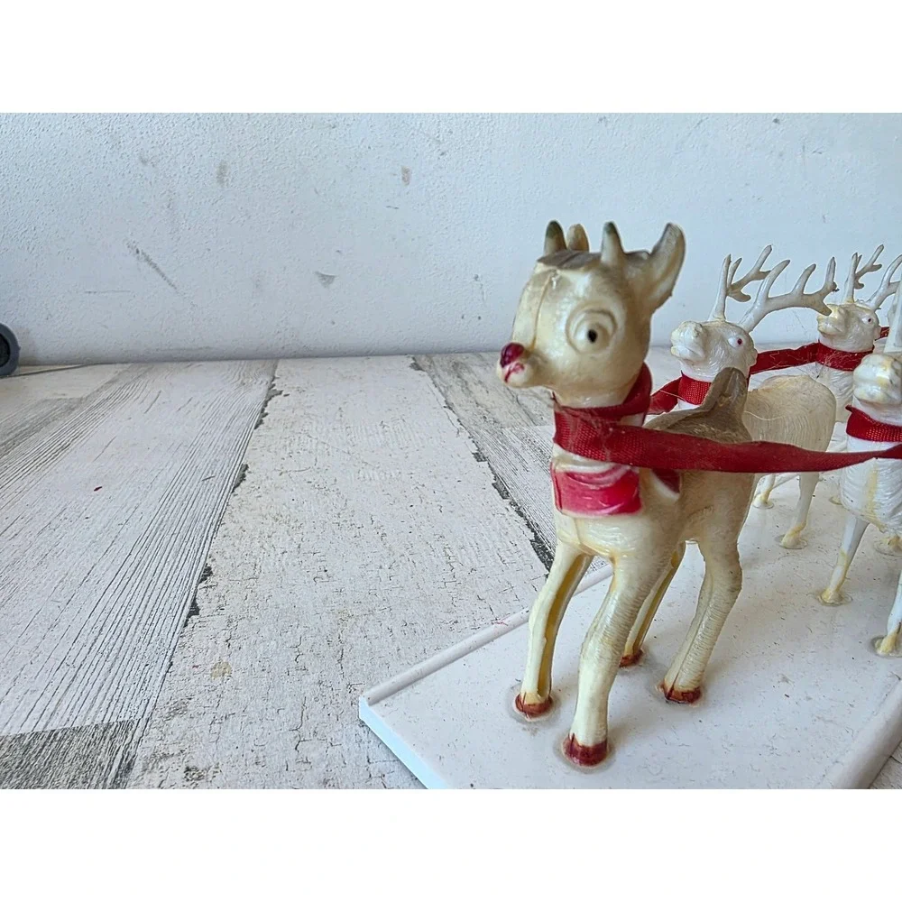 Antique plastic reindeer sleigh Santa vintage Xmas decor Rudolph